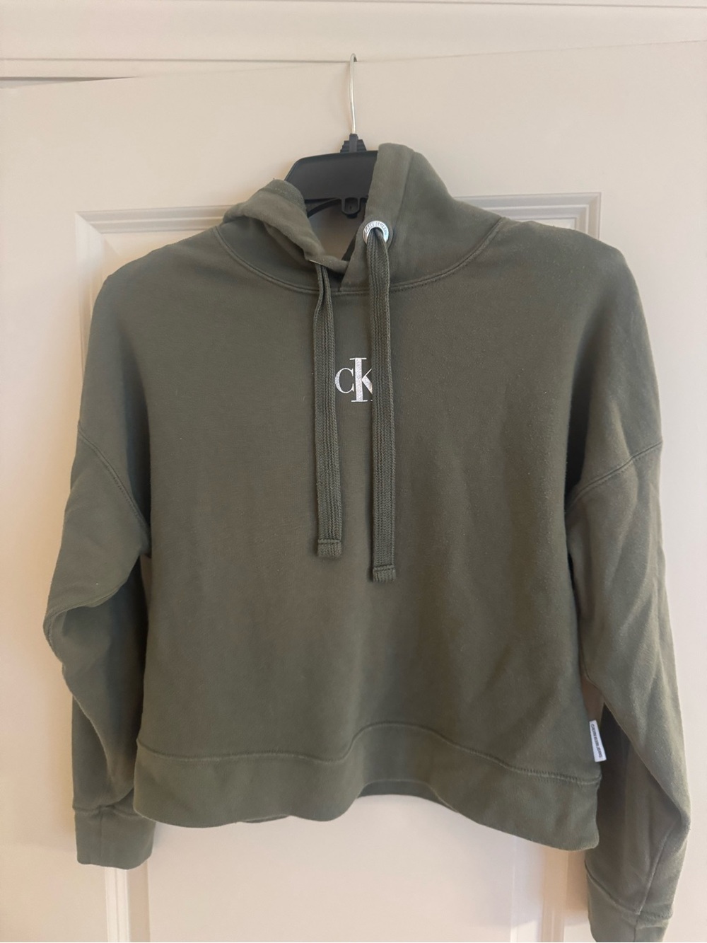 Calvin Klein Cropped Olive Green Pullover Hoodie with CK Logo